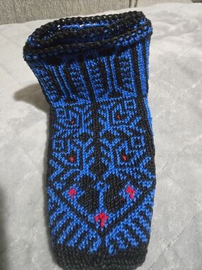 Handmade Blue and Black Knit Slipper Sock with Red Accents